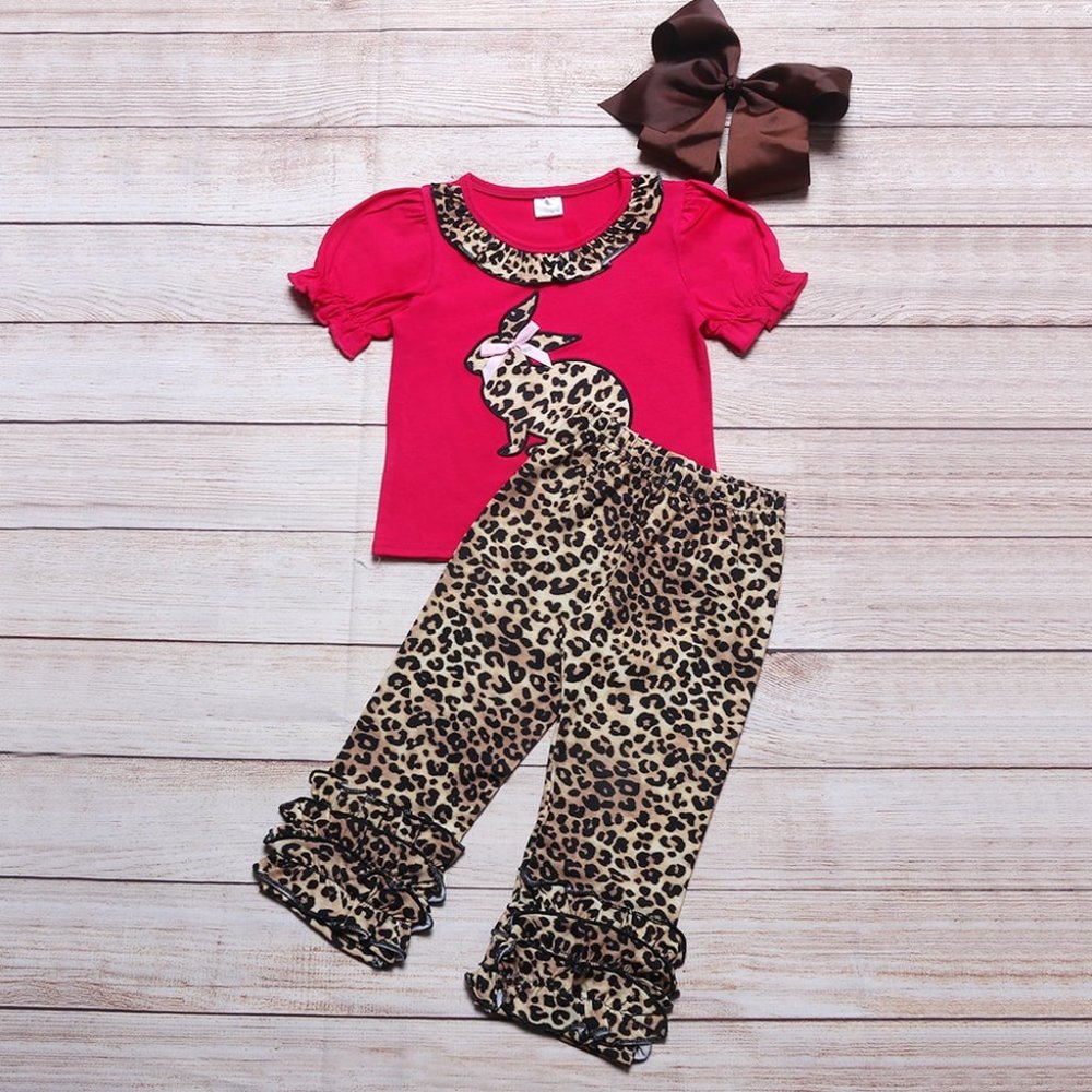 Boutique Easter Bunny Rabbit Girls Leopard Ruffle Pants Outfit Set